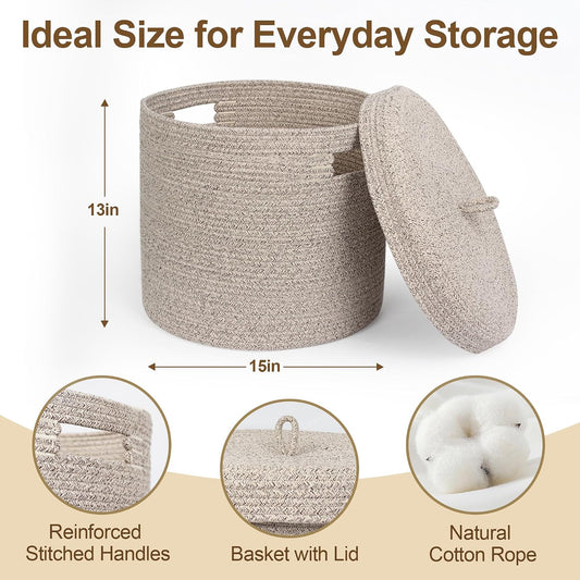 Round Lidded Cotton Rope Basket