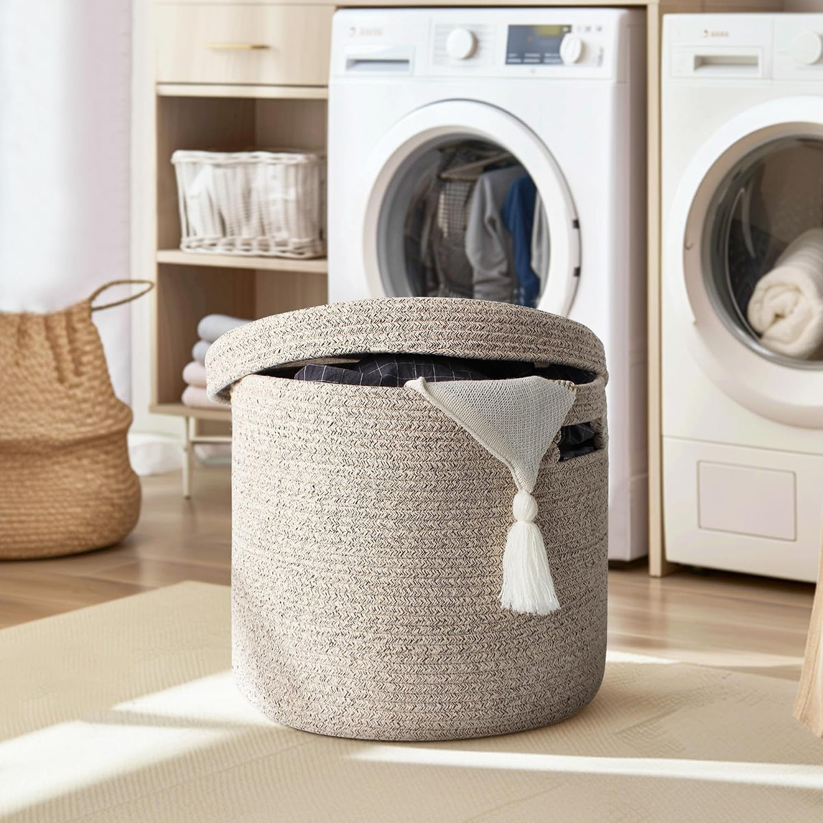 Round Lidded Cotton Rope Basket